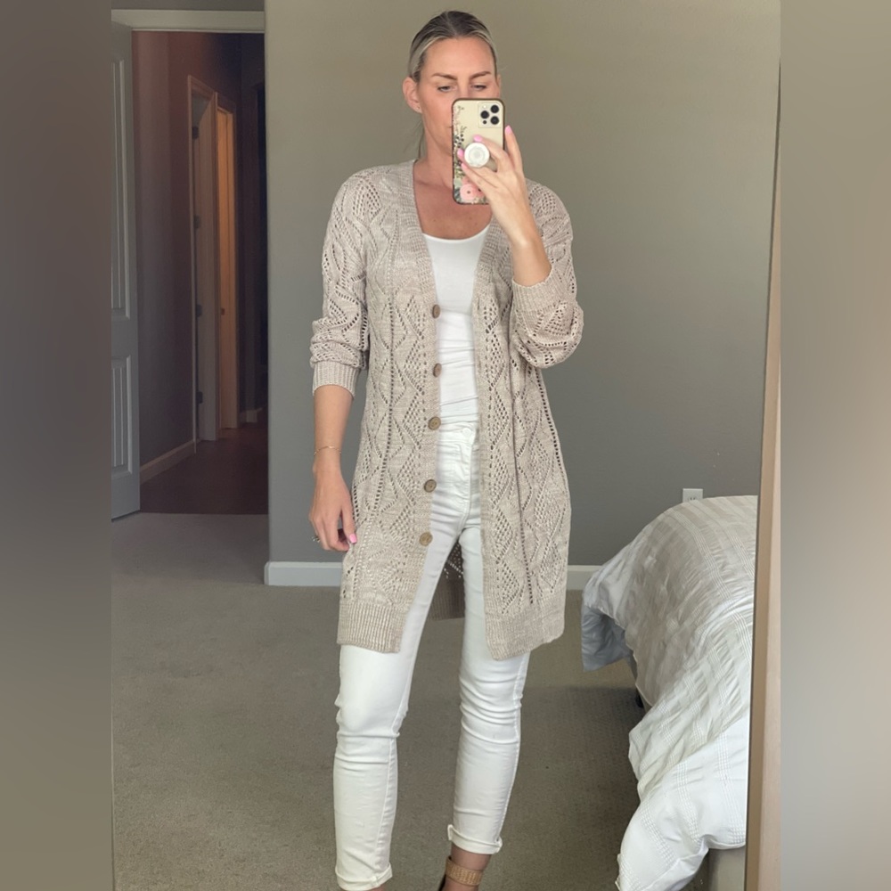 Hallow Out Openwork Knit Cardigan Sweater - Khaki -Multiple Sizes - Picture 7 of 7